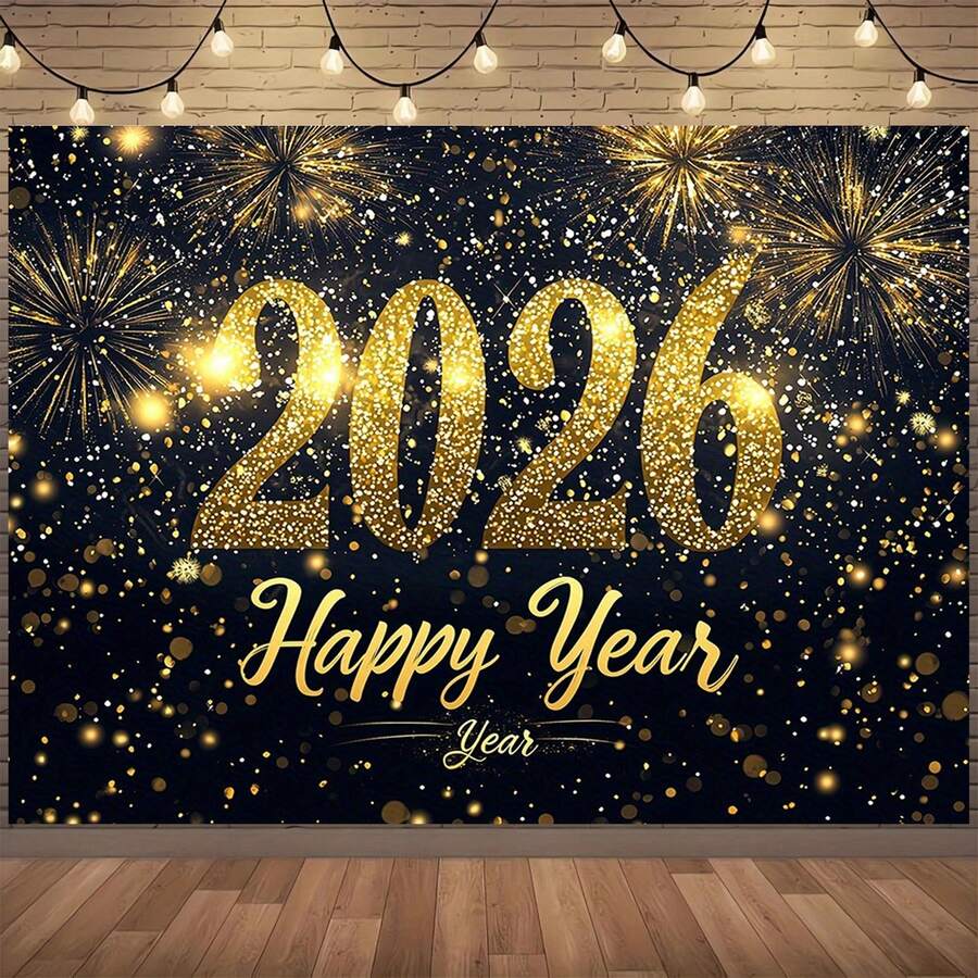 1 件 2026 新年快乐横幅背景 - 闪亮的金色数字和五彩纸屑设计 - 大型黑白派对装饰，适用于家庭、办公室、婚礼、生日活动，多种尺寸，多用途派对背景，适合男女通用装饰、室内外装饰、摄影工作室、花园装饰、派对装饰和电话亭。 - 彩色 - 查看 1
