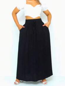 Women's Long Viscolinho Skirt With Pockets And Side Slit, Evangelical Fashion, Lined, Casual Fashion, High Waist - màu đen - Xem 1