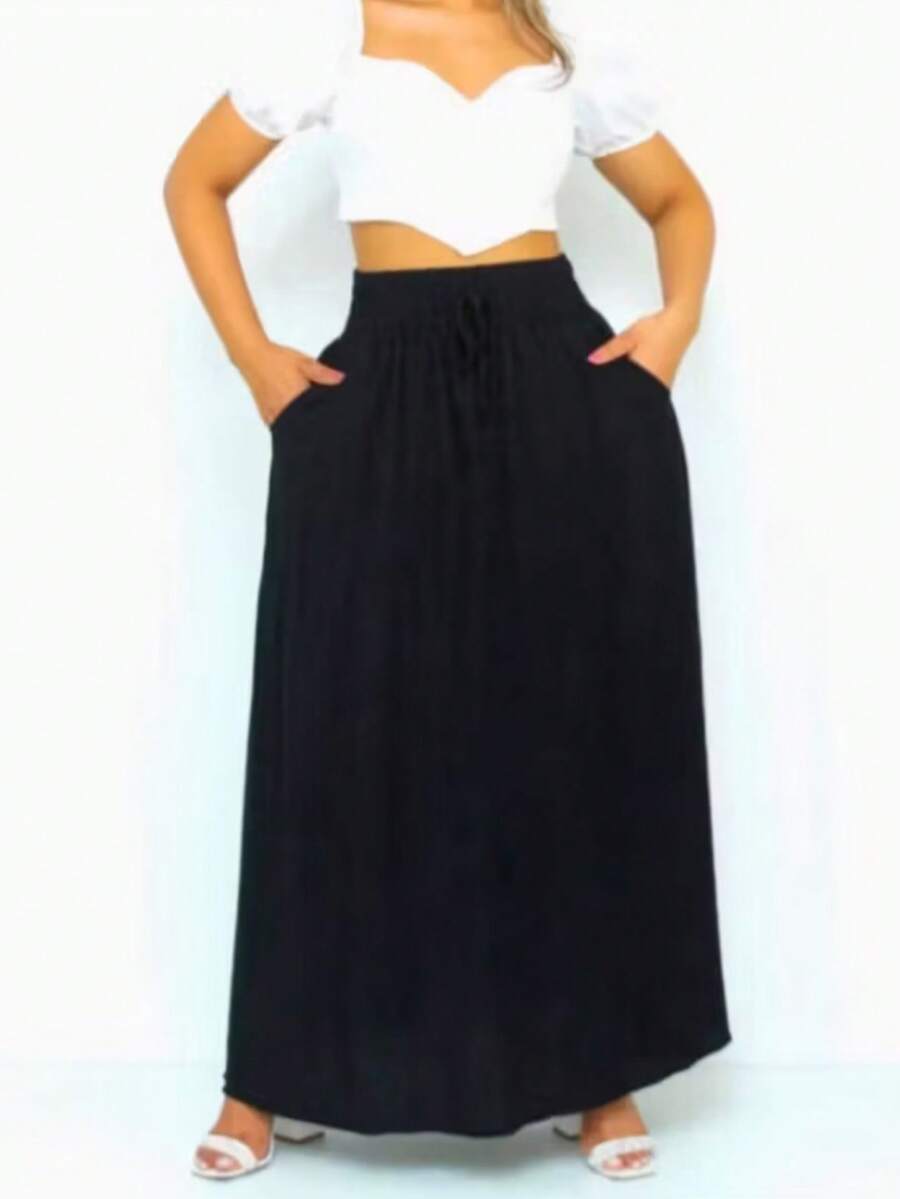 Women's Long Viscolinho Skirt With Pockets And Side Slit, Evangelical Fashion, Lined, Casual Fashion, High Waist - màu đen - Xem 1