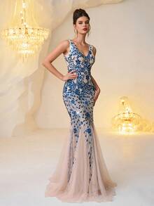 Elegantes Damen Maxikleid mit Pailletten-Patches im Meerjungfrauenstil, glänzendes Blau, geeignet für Gala, Jubiläum, Cocktailparty, Frühling/Sommer/Herbst/Winter