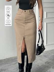 Women's Casual Elegant Mid-Length Denim Skirt, Front Slit Design, Button And Zipper Details, Made Of Soft Breathable Non-Stretch Cotton Fabric - Camel - View 1