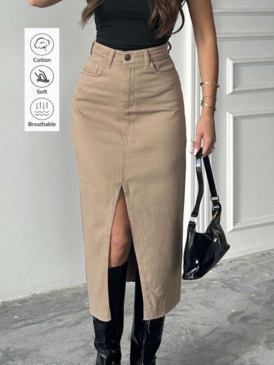 Women's Casual Elegant Mid-Length Denim Skirt, Front Slit Design, Button And Zipper Details, Made Of Soft Breathable Non-Stretch Cotton Fabric - Camel - View 1