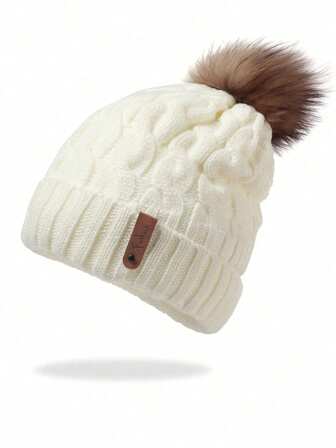 可爱单人女士针织豆帽，带皮革标志贴片，加厚冬季保暖帽，适合户外活动，圣诞礼物，圣诞装饰