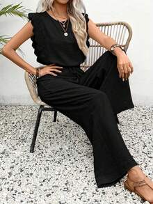Women's Fashionable Round-Neck Short-Sleeved T-Shirt With Side Pocket And Sporty Pants, Spring/Summer Style - Black - View 4