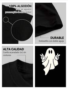 Camisetas casuales para hombres de 250g de algodón puro, gruesas y cómodas, con estampado de fantasma de dibujos animados haciendo la señal de la paz, estilo de Halloween - Negro - Ver 3