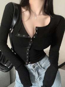 Women's Autumn Simple Solid Color Front Button Fitted Long Sleeve T-Shirt Casual Black Spring - Black - View 3