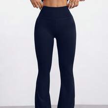 FWH Pantalones de yoga de cintura alta con diseño de pierna acampanada, elegantes y versátiles para uso casual, deportivo y al aire libre. Con bolsillos, efecto estilizador de caderas y abdomen, y alargador de piernas. - Azul Marino - Ver 5
