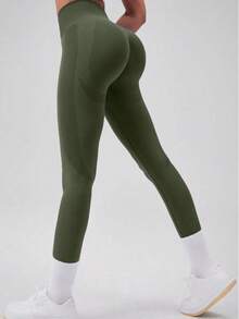 1pc Women's Seamless High Waist Butt Lifting Slimming Black Solid Leggings, Warm, Breathable, Stretchy Winter Fabric, Suitable For Gym, Outdoor Sports, Ideal For Workout And Running, Also A Must-Have For Christmas - Army Green - View 9