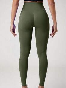 1pc Women's Seamless High Waist Butt Lifting Slimming Black Solid Leggings, Warm, Breathable, Stretchy Winter Fabric, Suitable For Gym, Outdoor Sports, Ideal For Workout And Running, Also A Must-Have For Christmas - Army Green - View 10