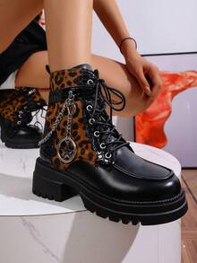 Women's Winter New Solid Color Patchwork Lace-Up Butterfly Metal Chain Side Zipper Thick Heel Ankle Boots, Punk Style Fashion Versatile Casual High Heel Booties