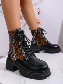 Women's Winter New Solid Color Patchwork Lace-Up Butterfly Metal Chain Side Zipper Thick Heel Ankle Boots, Punk Style Fashion Versatile Casual High Heel Booties