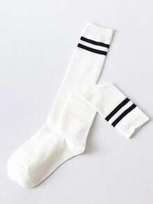 1 双女士及膝袜，时尚百搭袜子，黑白，秋冬 - 黑與白 - 查看 8