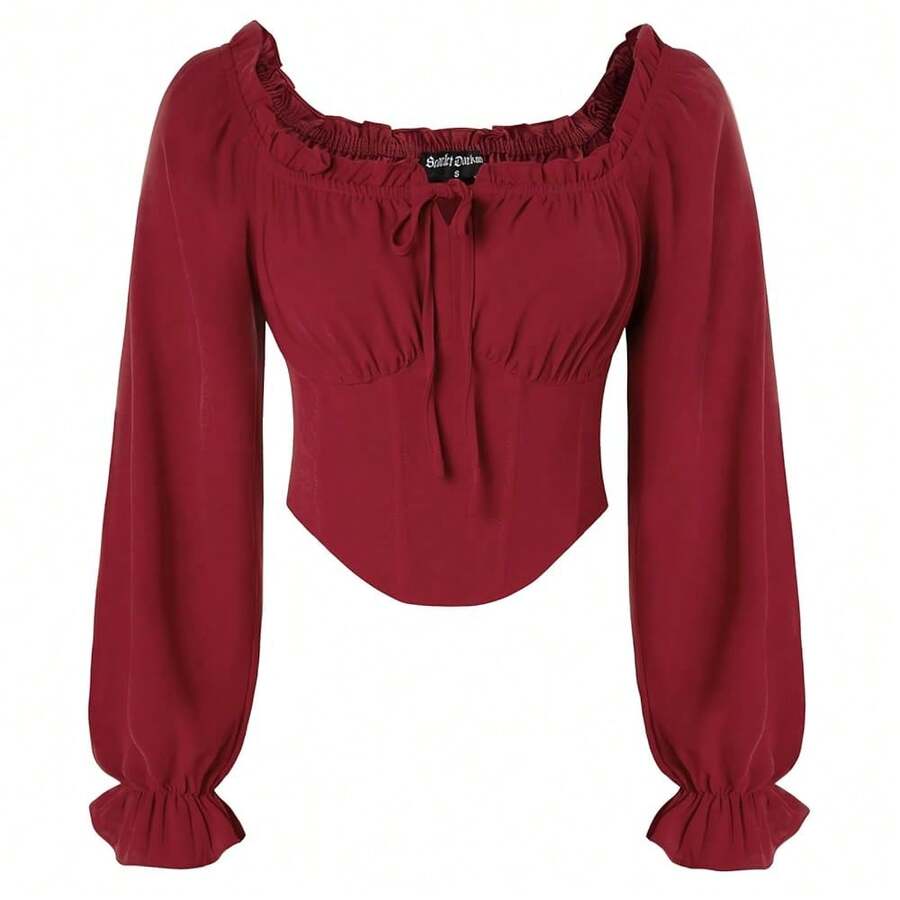 Vintage Corset Tops For Women Renaissance Blouse Off Shoulder Long Sleeve Top{"Color_name":"Red","Size_name":"XX-Large"} - Red - View 1