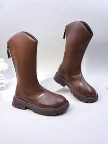 1 Pair Brown Girls' Tall Warm Thermal Lined Boots, Fashion Letter Print Anti-Slip Rubber Soft Sole Leather Patchwork Lining, Easy Pull-On Design, Round Toe Soft PU, Cute High-Top Princess Leather Boots, Suitable For 3-15 Years Old Girls, Casual, School, Holiday, Party, Autumn/Winter 2025 New - Brown - View 1
