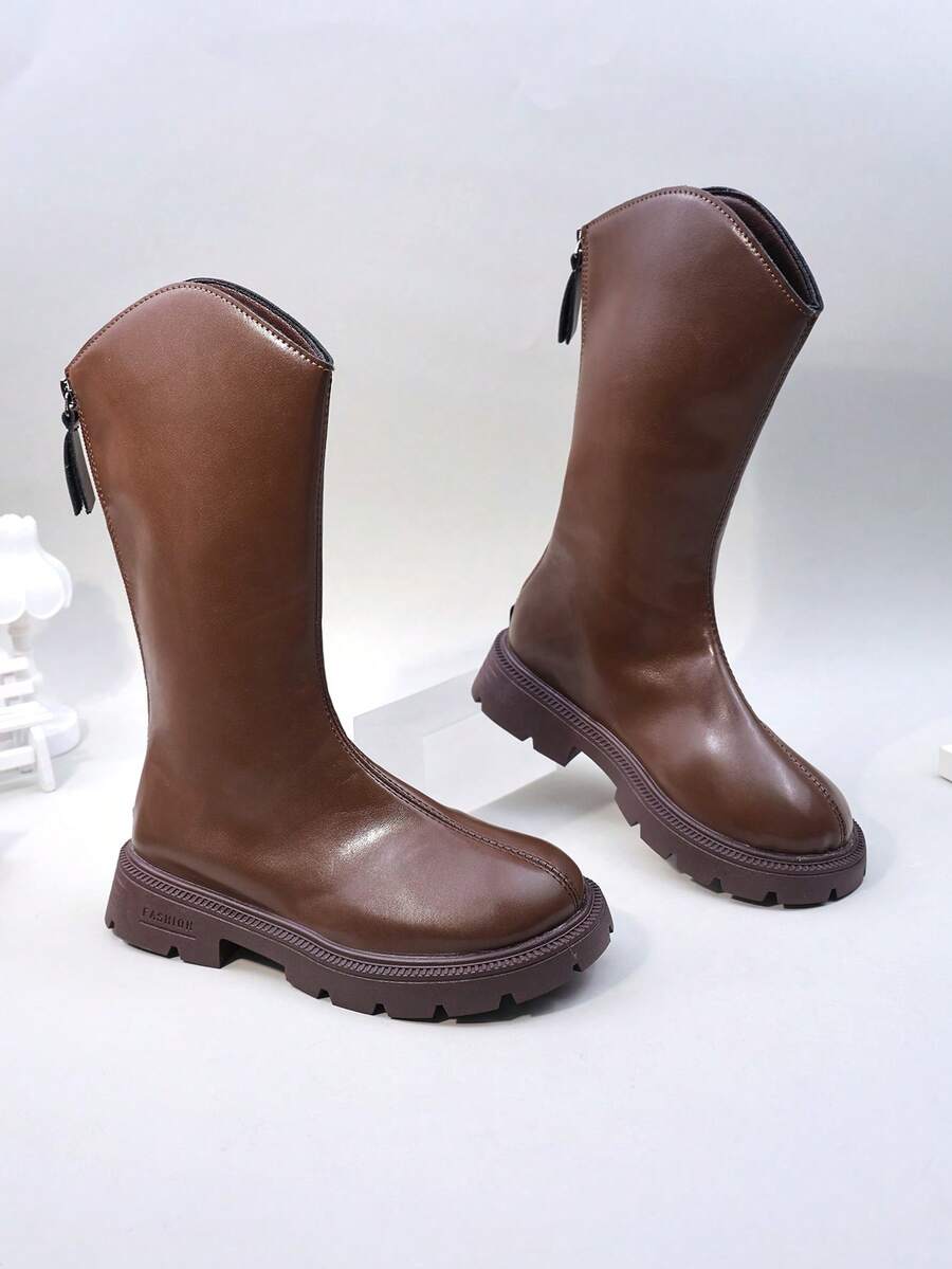 1 Pair Brown Girls' Tall Warm Thermal Lined Boots, Fashion Letter Print Anti-Slip Rubber Soft Sole Leather Patchwork Lining, Easy Pull-On Design, Round Toe Soft PU, Cute High-Top Princess Leather Boots, Suitable For 3-15 Years Old Girls, Casual, School, Holiday, Party, Autumn/Winter 2025 New - Brown - View 1
