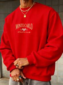 Men Letter Graphic Sweatshirt-Fall/Winter Casual Vintage Style Unisex Relaxed Fit Cotton Blend Long-Sleeve Crewneck Sweatshirt - Đỏ - Xem 7