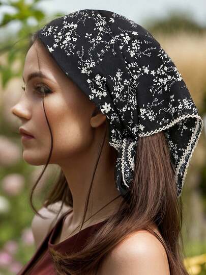 1pc Women's Retro Ditsy Floral Scarf With Lace Trim, Elegant Neckerchief, Headband, Bridal Accessory, Suitable For Daily Casual And Wedding Occasions