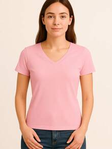 Women's Basic Short Sleeve V-Neck Blouse - Baby Pink - View 1