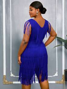 Vestido de noche de longitud hasta la rodilla con cuello en V sin mangas, cintura alta y flecos multicapa en color azul, adecuado para que las mujeres de talla grande asistan a bodas, fiestas de boda, despedidas de soltera, vacaciones, cumpleaños, galas, homecomings y otras ocasiones. - Azul - Ver 5