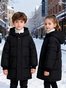 1pc Solid Color Mid-Length Boys/Girls Winter Jacket, Suitable For Daily Indoor And Outdoor Casual Wear - Black - View 2