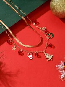1pc Christmas Celebration Double Layer Women's Pendant Necklace, Fashionable Metal Flat Snake Chain With Christmas Tree, Bell, Wreath, Reindeer Multi-Element Pendant Combination Choker, Holiday Party Elegant Gift Jewelry