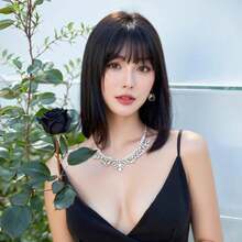 Peluca sintética negra con flequillo recto, pelo corto y liso, conjunto de cabeza completa, corte de pelo, peluca completa de seda de alta temperatura XGWO - 752-negro - Ver 5