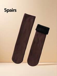 "5 Pairs Of Thick, Cozy Knitted Winter Socks - Mid-Calf, Snow-Resistant With Plush Lining For Men And Women"