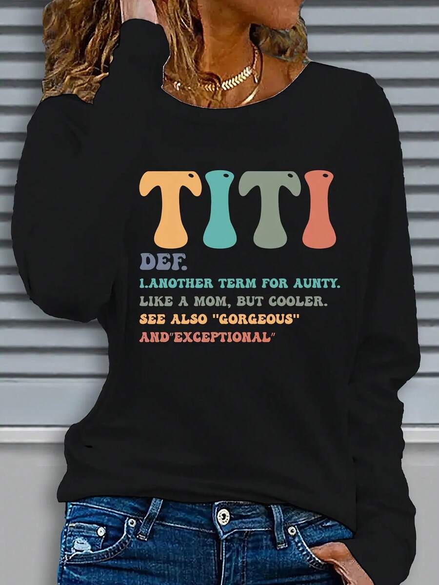 Large Size Women's Casual Long Sleeve Round Neck-Shirt - Fun '' Letter Humorous Aunt Quotes, Soft Beige Autumn Winter Top, Washable Regular Fit, Loose Comfortable Pullover, Breathable Fabric, Patterned, Daily Wear (0XL-5XL)(0XL-5XL) - 黑色 - 查看 1