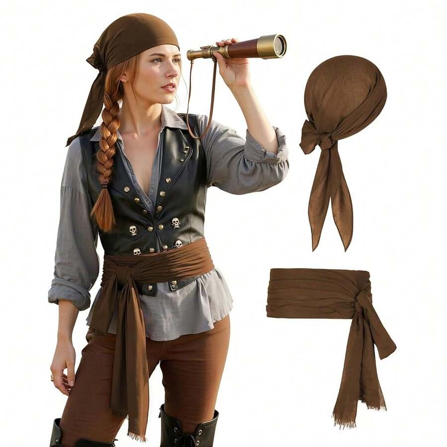 Zando Pirate Accessories Women Men Teens - Pirate Bandana Head Scarf Hat Belt Sash For Halloween Renaissance Themed Cosplay{"Size_name":"OneSize","Color_name":"01Brown"} - 01Brown - 查看 1