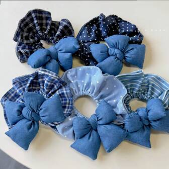 1pc Denim Plaid Polka Dot Padded Bow Scrunchie, Vintage Elegant Women Hair Accessories, Unique Cute Star Hair Tie For Daily Wear ,Makeup