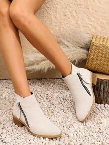 2025 Autumn/Winter Women's Fashion Ankle Boots And Short Boots, 2025 New Pointed-Toe Design Fashion Chunky Heel Slimming Boots - 米色 - 查看 3