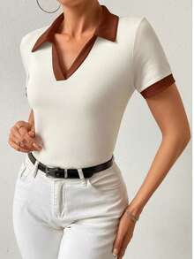 Women's Two-Tone Polo Shirt, Short Sleeve, Ribbed, Cotton, Simple, Casual, Knitted, Daily - CỔ ÁO NÂU NGOÀI TRỜI - Xem 2