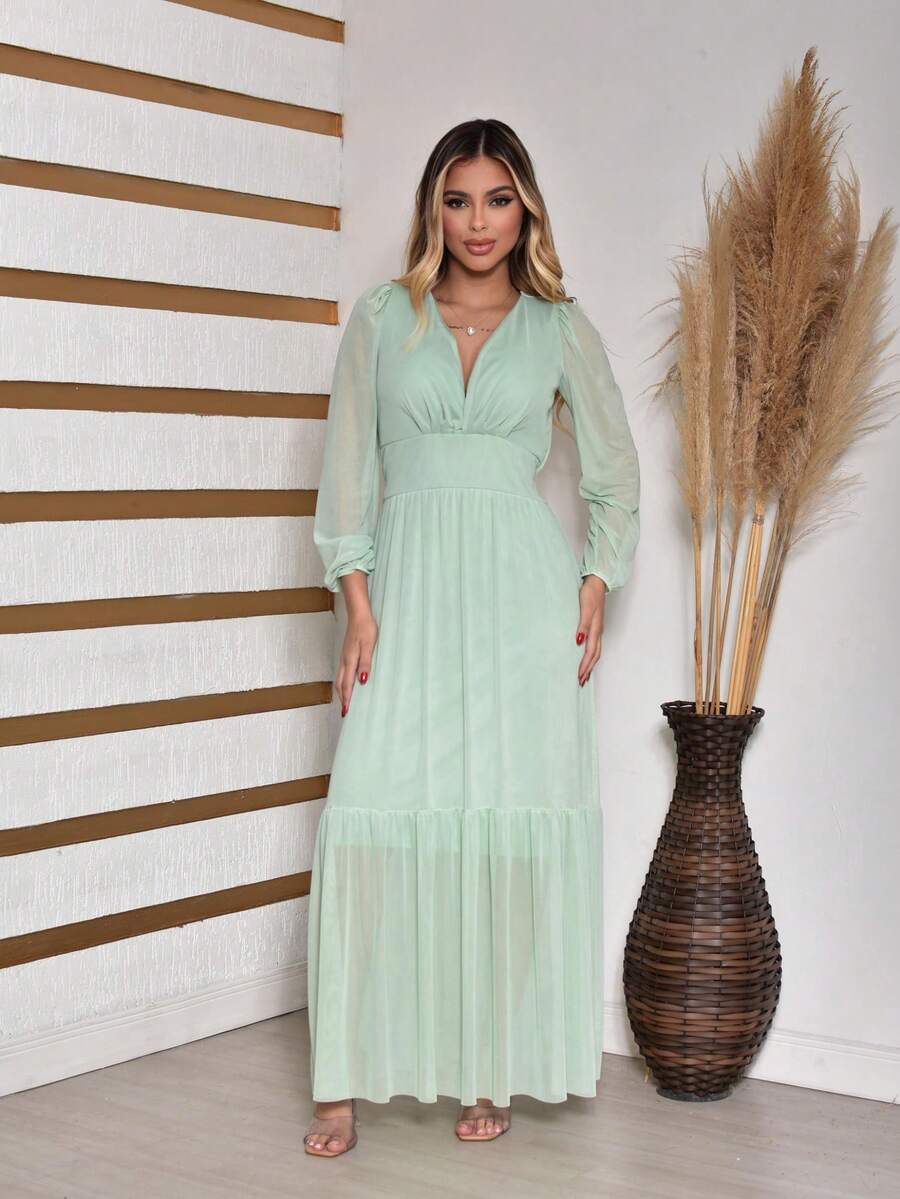 Women's Long Tulle Dress With Long Sleeves For Wedding Party - Mint Green - View 1