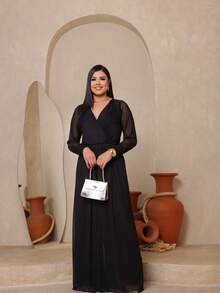 Long Sleeve Micro Tulle Pantaloon Jumpsuit - Black - View 3