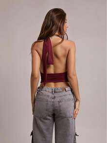 Women's Cropped Top Ties Multi-Form Elegant Versatile Casual Occasional Blogger Double Suplex Lining - 酒紅色 - 查看 3