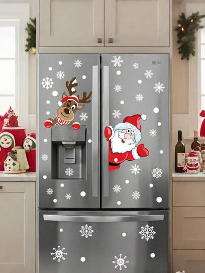 2 piezas Pegatinas de ventana con diseños navideños de copos de nieve, Papá Noel y renos para decorar pasillos, oficinas, patios, ventanas, habitaciones, cocinas y paredes en Navidad