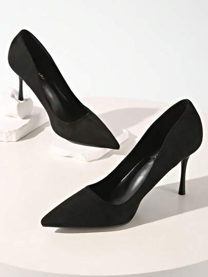 秋冬女士高端黑色绒面革8.5厘米细高跟尖头浅口性感派对夜店时尚婚礼通勤日常高跟鞋，优雅