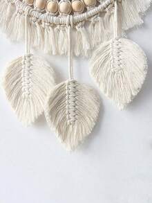 1pc Boho Style Handmade Wooden Bead Woven Wall Hanging Tassel Mirror Decor, Bedroom Home Living Room Entryway Wall Art, Gift For Friends, Wedding - Beige - View 5