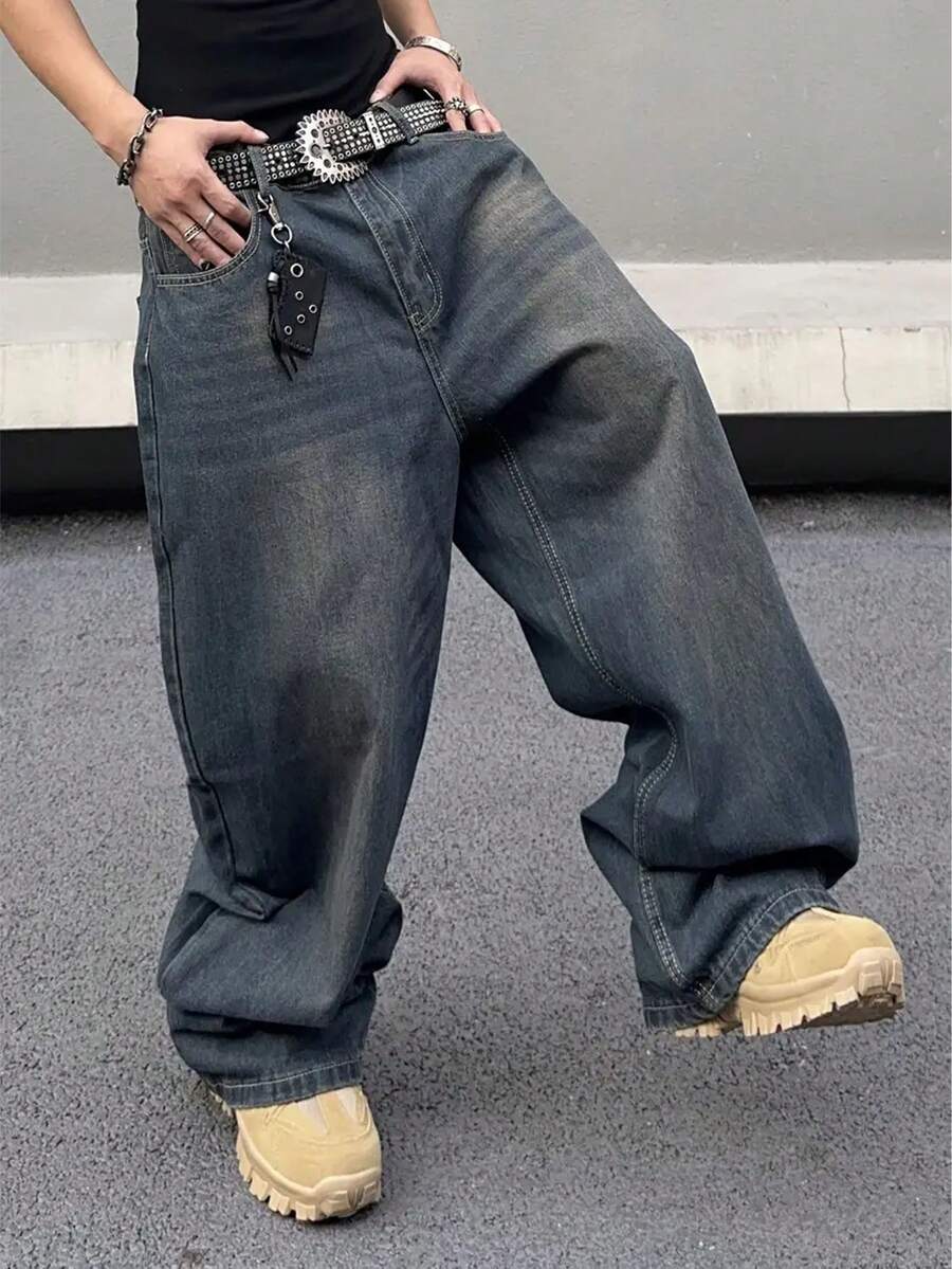 Men's Fashionable Y2K Streetwear Casual Denim Jeans - Medium Wash - View 1