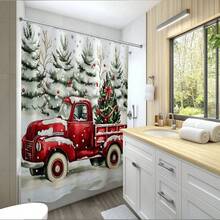 1pc Christmas Tree, Red Car, Star Topper, Snowy Pine Tree Pattern Digital Printing Shower Curtain, Minimalist Luxurious Style, Mildew Resistant Waterproof, 12 Plastic Hooks And Metal Eyelets, Sturdy Bathroom Accessory, Suitable For Christmas Home Decor