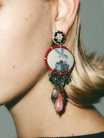 1 Pair Retro Exaggerated Bird Pendant Earrings Decorated With Colorful Resin, Contrast Floral And Multiple Crystal Stones, Suitable For Women's Daily, Festival, Gift, Cocktail, Party, Fashion Accessory