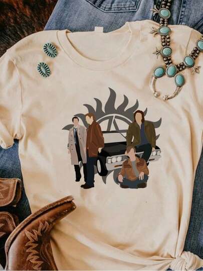 Camiseta Sobrenatural Série Filme Camisa Bege Varias Estampas Camiseta Básica 100% Algodão