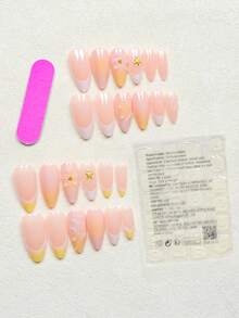24片短款杏仁指甲贴，白黄法式立体花朵水波纹海星珍珠美人鱼指甲套装（内含：一片果冻胶，1条锉刀），适合女性日常约会派对按压指甲美甲用品美甲