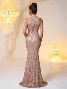 Váy dạ hội trang trọng cổ đứng đính hạt pha lê đính cườm kiểu đuôi cá thanh lịch dành cho nữ, thích hợp cho các bữa tối trang trọng, tiệc tùng, đám cưới, chụp ảnh sinh nhật, các dịp trang trọng, đêm hẹn hò - Vàng - Xem 3