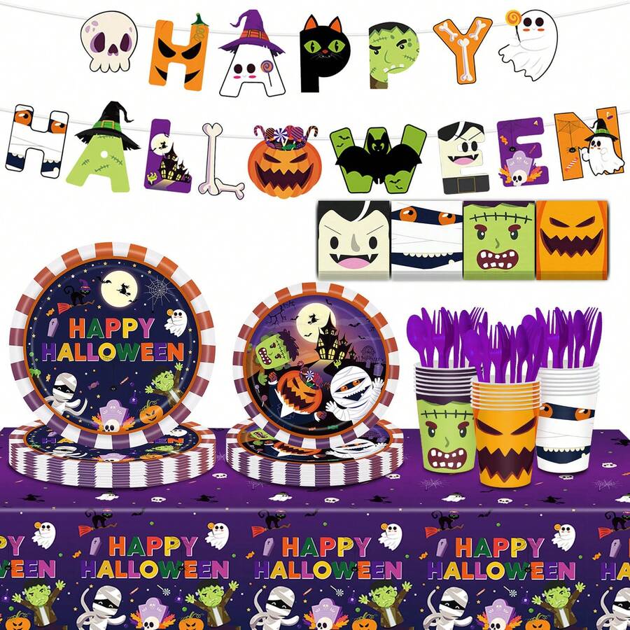 170pcs Halloween Party Decorations Halloween Party Supplies Tableware Set Disposable Paper Tableware Set, Birthday Decorations, For Themed Party, Birthday Gift, Party Favor, Party Tableware, Disposable Food Tray, Birthday Cake Tray, Include Plates Paper Dessert Napkins Cups Tableware Cutlery Banner Tablecloth Party Kit For Happy Halloween Holiday Party Decorations - 南瓜幽靈 - 查看 1