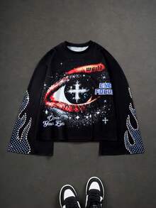 1pc Vintage Distressed Eye Pattern Raglan Long Sleeve Sweatshirt For Teenage Boys, Regular Thickness, Suitable For Spring, Early Autumn & Winter, Multi-Purpose - Black - View 1