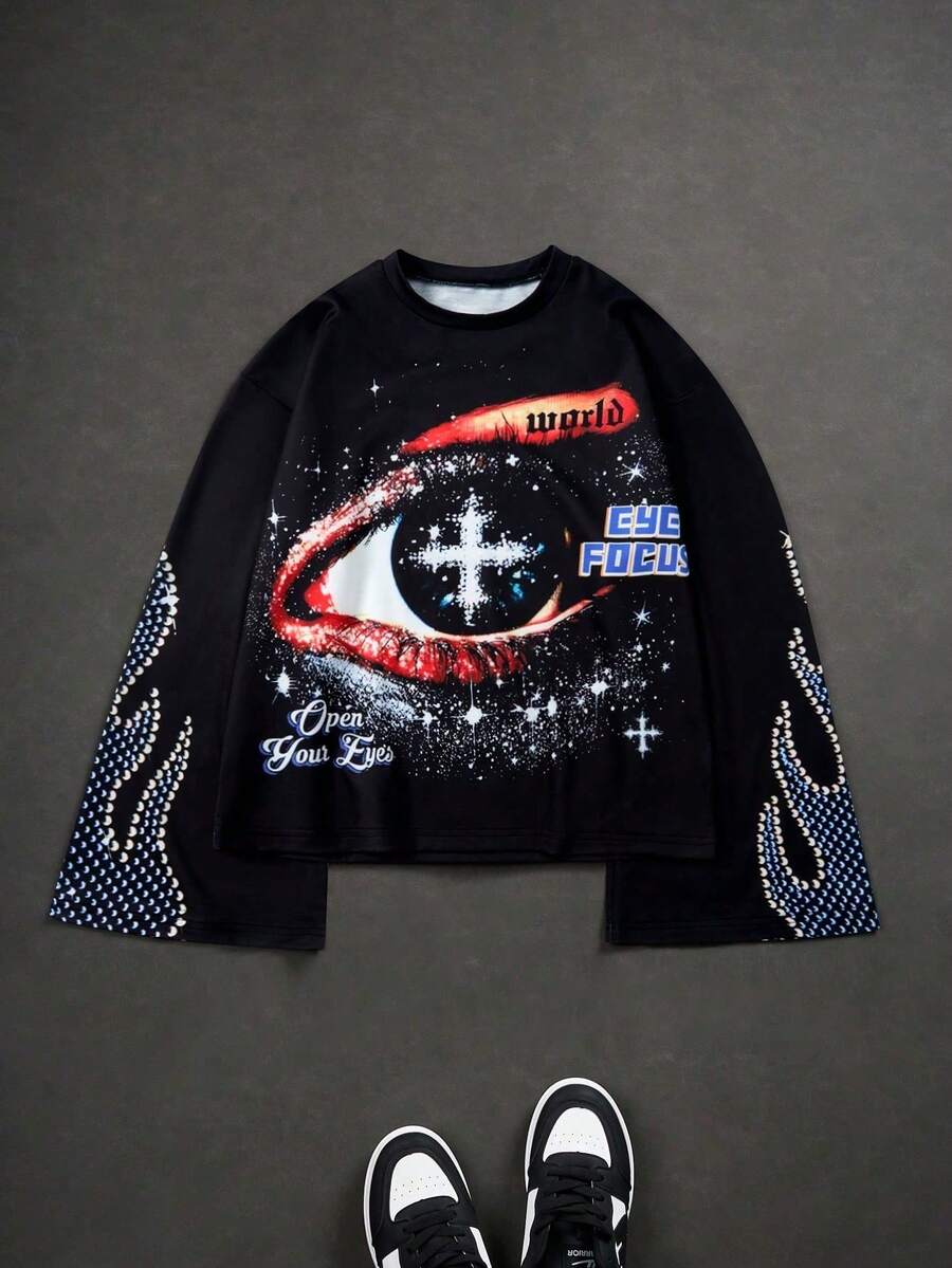 1pc Vintage Distressed Eye Pattern Raglan Long Sleeve Sweatshirt For Teenage Boys, Regular Thickness, Suitable For Spring, Early Autumn & Winter, Multi-Purpose - Black - View 1