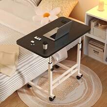 Adjustable Height Standing Desk With Wheels, Sturdy Iron Frame, Spacious Home Office Desk, Suitable For Sofa Use - White Wooden Tabletop, Painted Surface