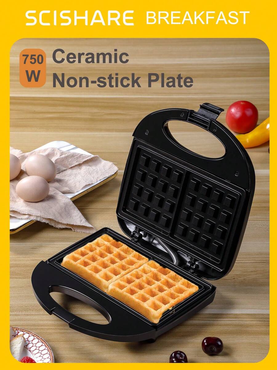 SCISHARE 1 Pc 23x23x7.5cm 750W Waffle Maker With Non-Stick Ceramic Plates | EU Plug | Double-Sided Heating | Even Heating | Easy To Clean Electric Waffle Maker, Suitable For Homemade Belgian Waffles And Snacks