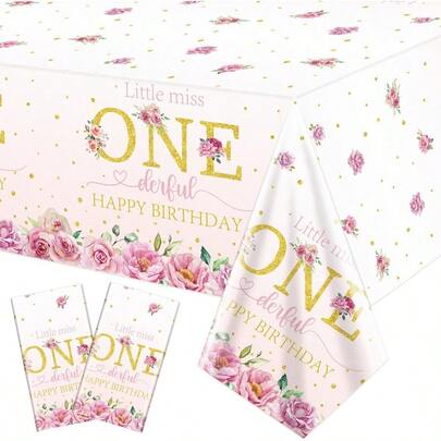 2 Pack Floral Miss Onederful 1st Birthday Tablecloths 51x87'' Plastic Disposable Flower One Year Old Party Table Covers